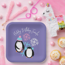 Penguin Birthday Snowflakes Pink Blue Winter Party Pappteller