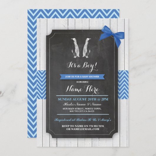 Penguin-blaues Baby-Duschen-Party-Jungen-Holz lädt Einladung (Vorne/Hinten)