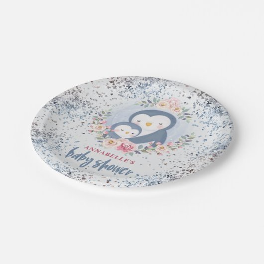 Penguin Boy Baby Dusche Pappteller (Schrägansicht)