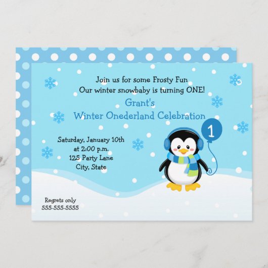 Penguin Boy Birthday Einladung (Vorne/Hinten)