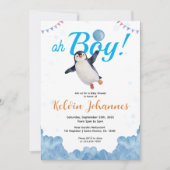 Penguin Boy Blue Baloon Cloud Sky Baby Shower Einladung (Vorderseite)