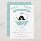 Penguin Boy in Blue Bathtub Dusche Einladung (Vorne/Hinten)