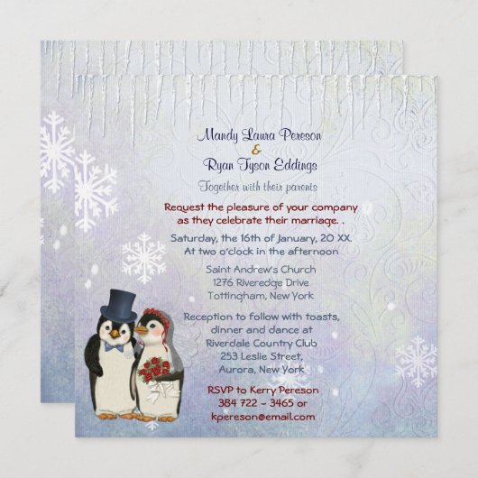 Penguin Bride and Groom Wedding Square Einladung (Vorne/Hinten)