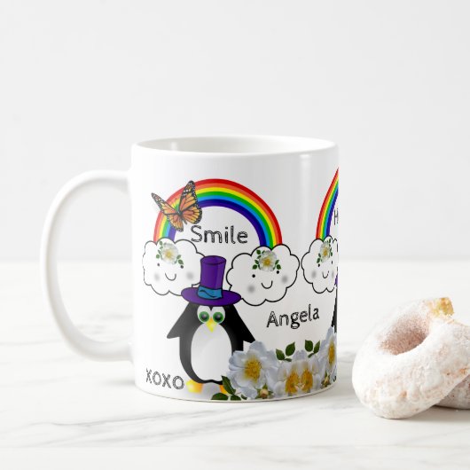 Penguin Butterfly Regenbogen Wolken Tasse (Mit Donut)