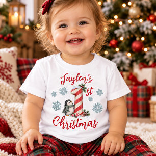 Penguin Candy Cane Individuelles erstes Weihnachte Baby T-shirt