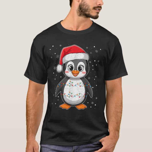Penguin Christmas Santa Hat Festive Lights Costume T-Shirt (Vorderseite)