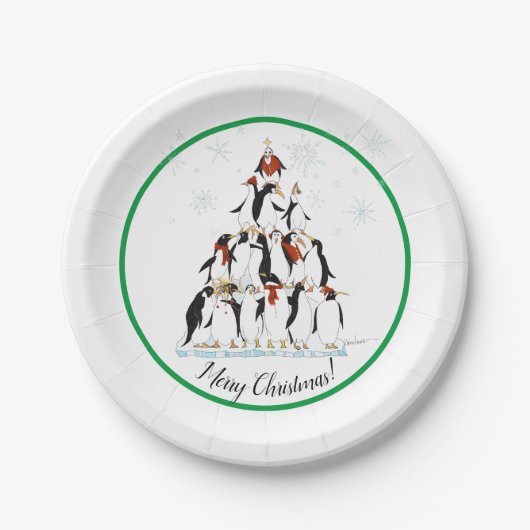 Penguin Christmas Tree Fun Holiday Cartoon Pappteller (Vorderseite)