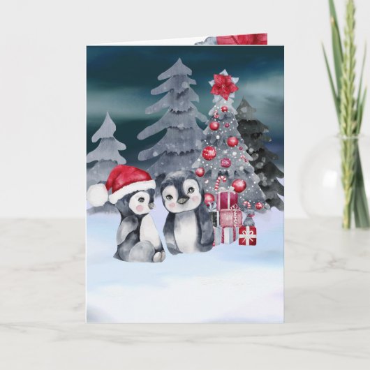 Penguin Christmas Tree Scene Card Karte (Vorderseite)
