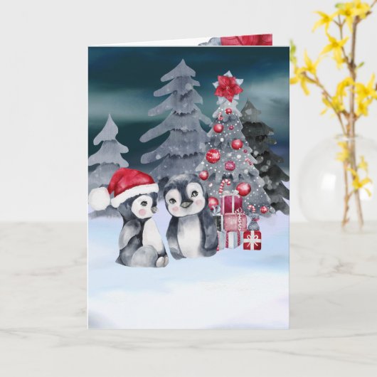 Penguin Christmas Tree Scene Card Karte (Gelbe Blume)
