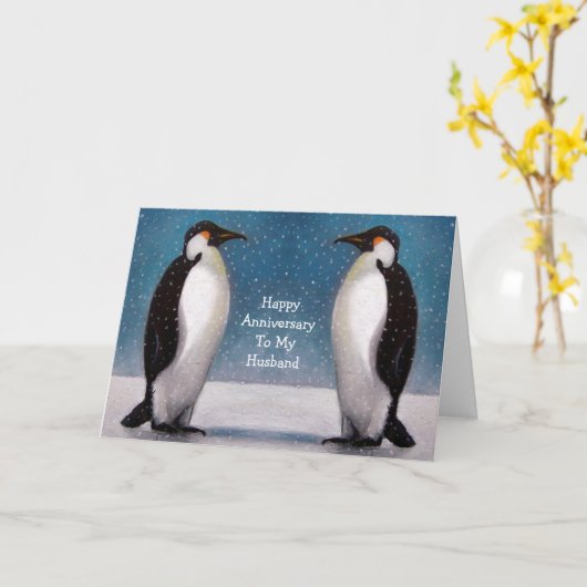 PENGUIN COUPLE: JAHRESZEITRAUM: ORIGINAL ART KARTE (Gelbe Blume)