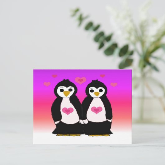 Penguin Couple mit Herz Postkarte (Stehend Vorderseite)