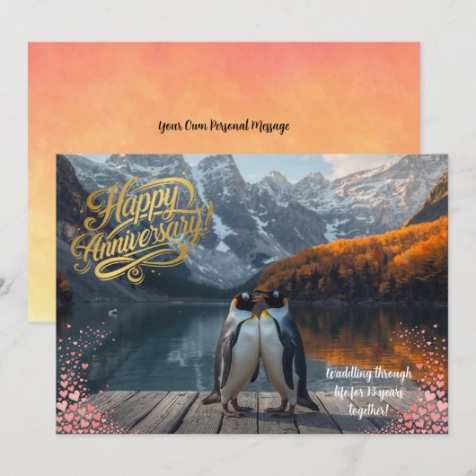 Penguin Couple Scenic Personalized Anniversary Karte (Vorne/Hinten)