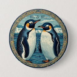 Penguin Couple Winter Snow Blue Ocean Ice Glacier  Button