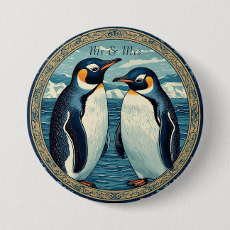 Penguin Couple Winter Snow Blue Ocean Ice Glacier Button