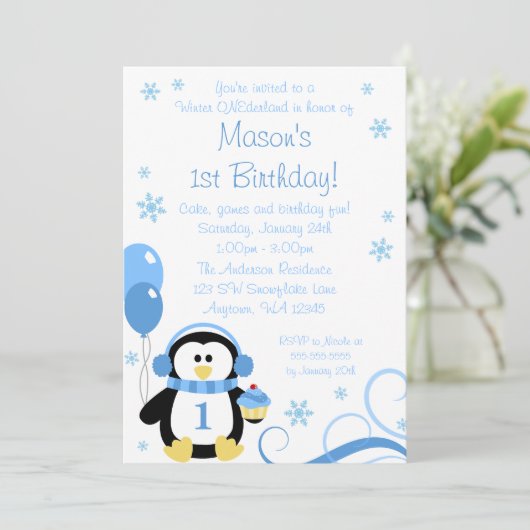 Penguin Cupcake Wirbel Winter Onederland Blue Einladung (Stehend Vorderseite)