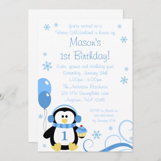 Penguin Cupcake Wirbel Winter Onederland Blue Einladung (Vorne/Hinten)