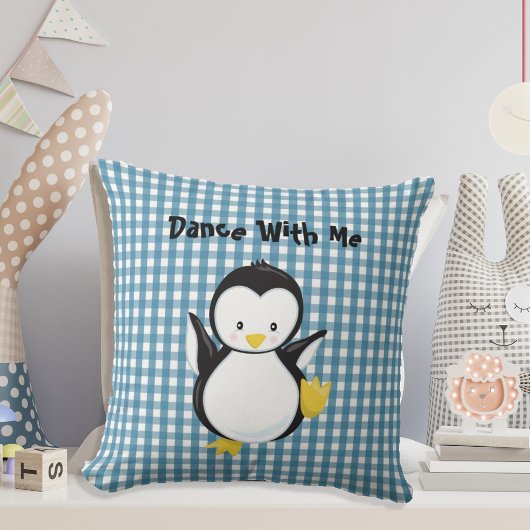 Penguin Dancing Blue Kariert Gingham Personalisier Kissen