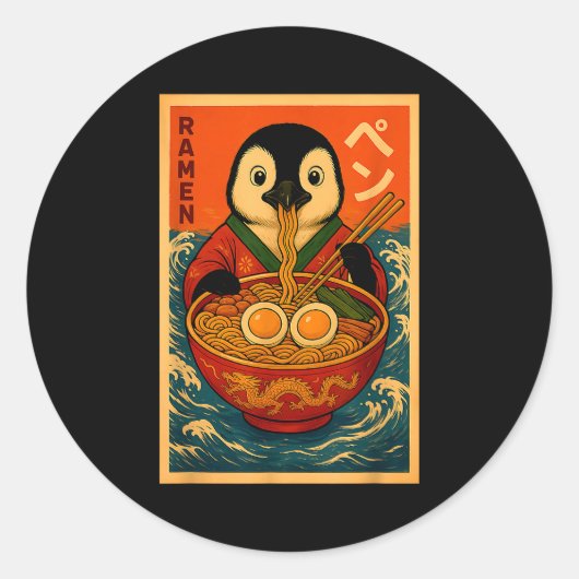 Penguin Eating Ramen Japanese Noodles Funny  Runder Aufkleber (Vorderseite)