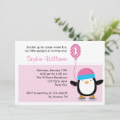 Penguin Einladung zum Geburtstag - Girl Pink (Wint (Stehend Vorderseite)