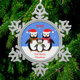 Penguin Familie Baby zuerst Weihnachten Ihren Text Schneeflocken Zinn-Ornament