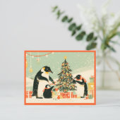Penguin Family Decorating Christmas Tree Postcard Postkarte (Stehend Vorderseite)