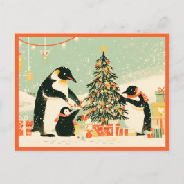 Penguin Family Decorating Christmas Tree Postcard Postkarte