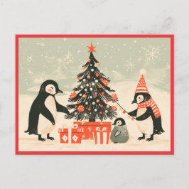 Penguin Family Decorating Christmas Tree Postkarte