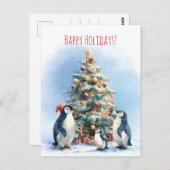 Penguin family joyfully decorating a Christmas tre Postkarte (Vorne/Hinten)