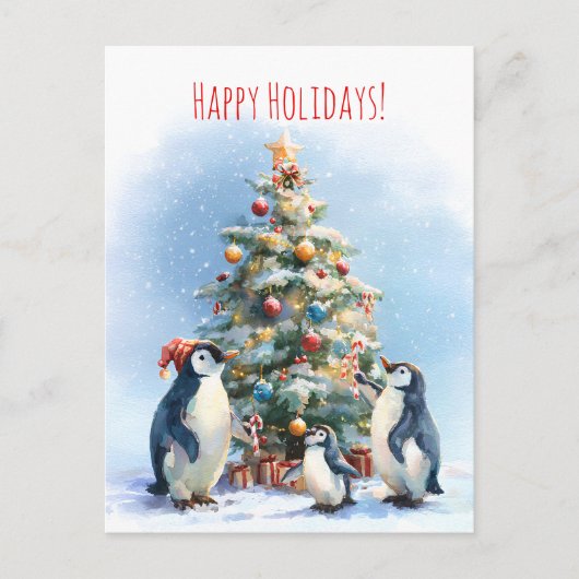Penguin family joyfully decorating a Christmas tre Postkarte (Vorderseite)