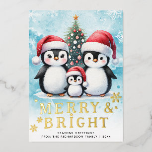 Penguin Family Merry & Bright Blue Red Christmas Folien Feiertagskarte