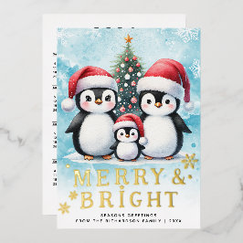 Penguin Family Merry & Bright Blue Red Christmas Folien Feiertagskarte