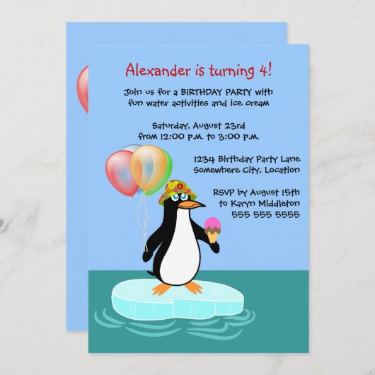 Penguin Fun Birthday Party Einladung (Vorne/Hinten)