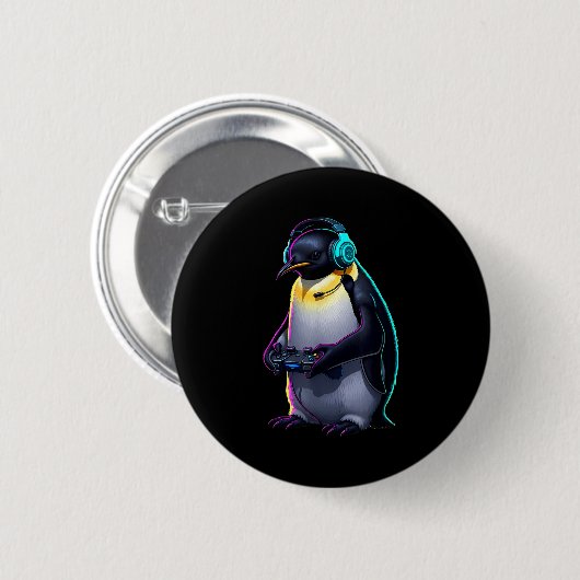 Penguin Gaming Animal Video Games Funny Penguin  Button (Vorne & Hinten)