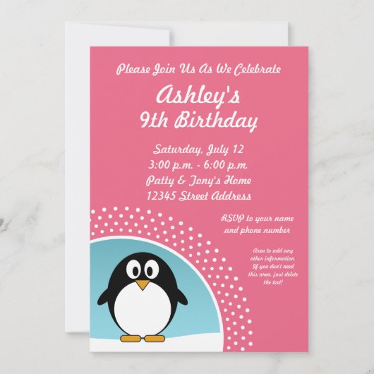 Penguin-Geburtstags-Party Einladung (Vorderseite)