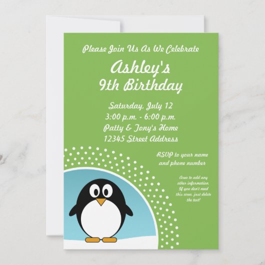 Penguin-Geburtstags-Party Einladung (Vorderseite)