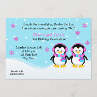 Penguin Girl Twins Einladung zum Geburtstag