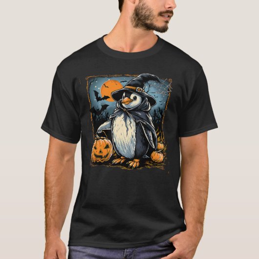 Penguin Halloween Witch Scary Pumpkin Bats Spooky  T-Shirt (Vorderseite)