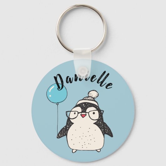 Penguin Holding a Balloon Personalized Blue Schlüsselanhänger (Vorderseite)