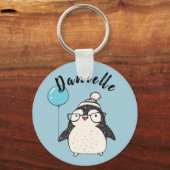 Penguin Holding a Balloon Personalized Blue Schlüsselanhänger (Vorderseite)