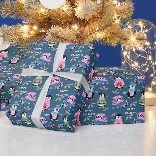 Penguin Holiday Crew Pattern Blue Wrapping Paper Geschenkpapier (Feiertage)