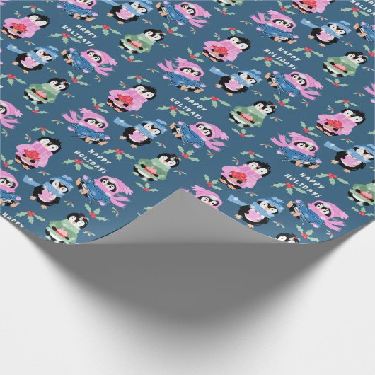 Penguin Holiday Crew Pattern Blue Wrapping Paper Geschenkpapier (Ecke)