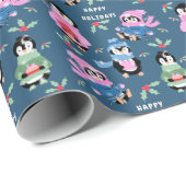 Penguin Holiday Crew Pattern Blue Wrapping Paper Geschenkpapier (Rolleneckpunkt)