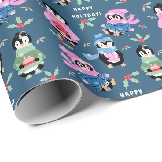 Penguin Holiday Crew Pattern Blue Wrapping Paper Geschenkpapier (Rolleneckpunkt)