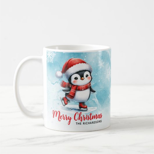 Penguin Ice Skater Blau und Rot Frohe Weihnachten Kaffeetasse (Links)