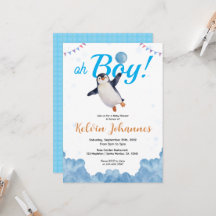 Penguin-Junge Blaue Baloon-Wolken-Himmel-Baby-Dusc