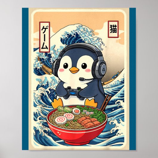 Penguin Kawaii Japanese Ramen Noodle Retro Gaming  Poster (Vorne)