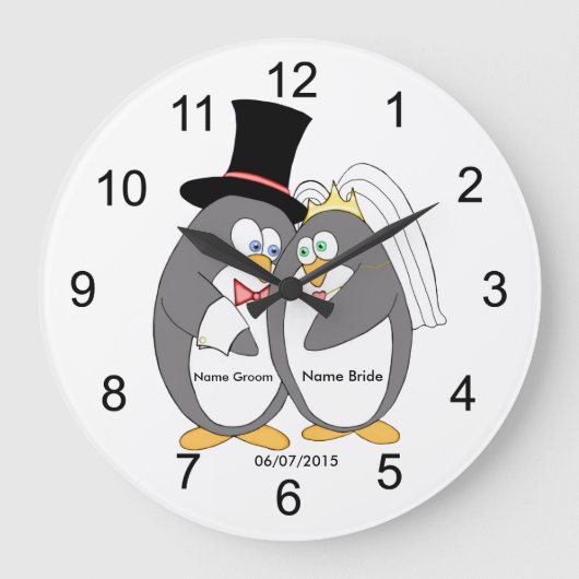 Penguin Liebe Personalisiert Hochzeitssuhr Große Wanduhr (Vorderseite)