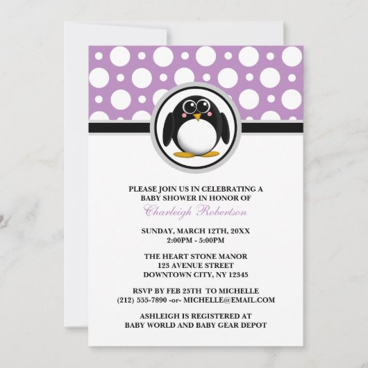 Penguin Lila Polka Dot Baby Dusche Einladungen (Vorderseite)