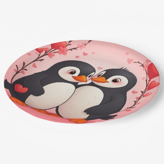 Penguin Love Paper Plates Pappteller (Schrägansicht)