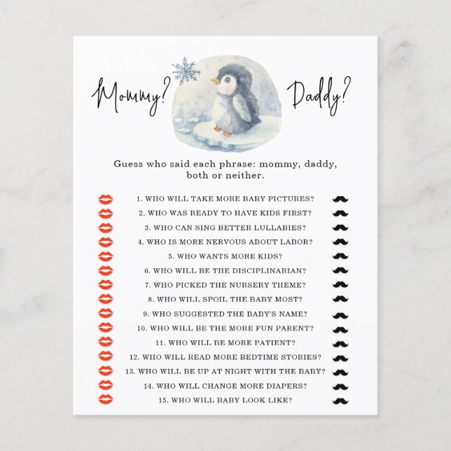 Penguin - Mami oder Papi Baby Shower Spiel (Vorderseite)